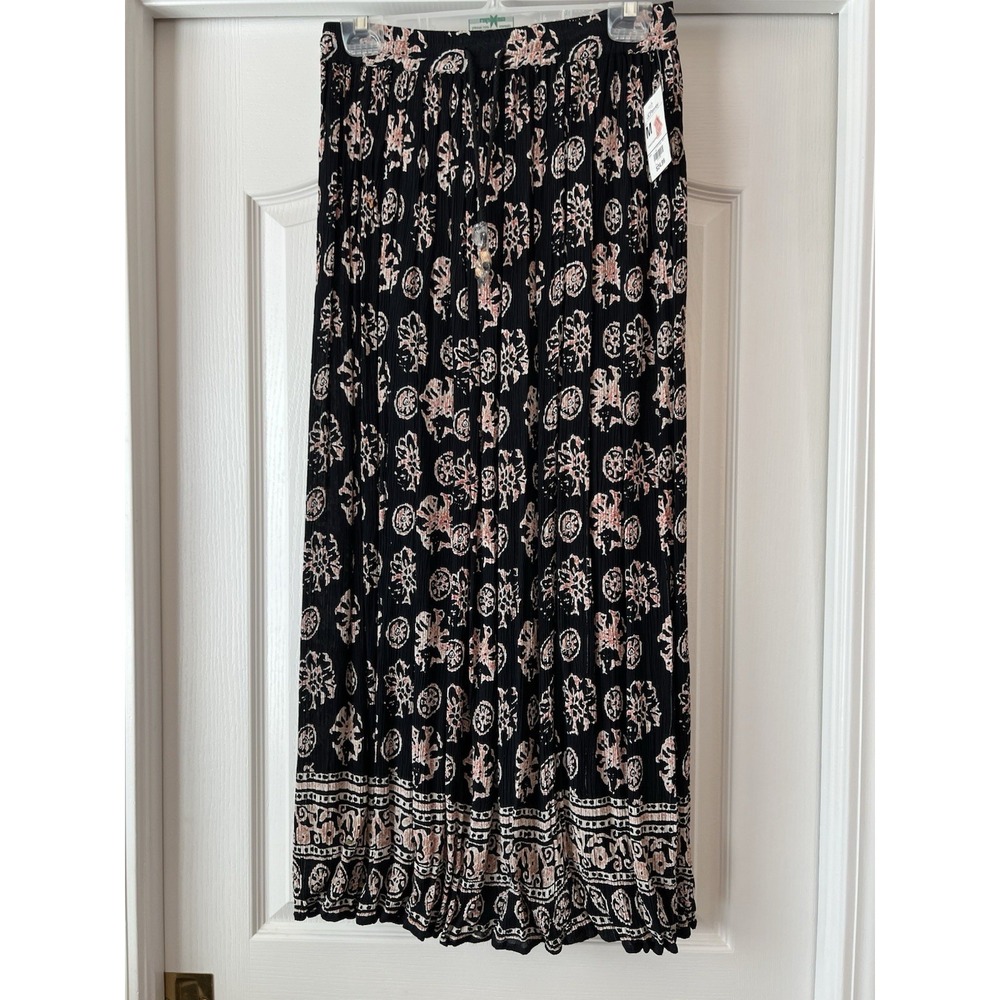 NEW Vintage Liz Baker Black Gypsy Pleated Indie Boho Maxi Floral Skirt Medium